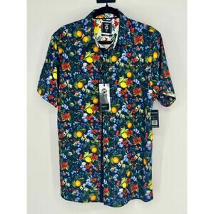 Fried Denim Short Sleeve Button Down Navy w/ Lemons and Flowers Shirt NWT Size L